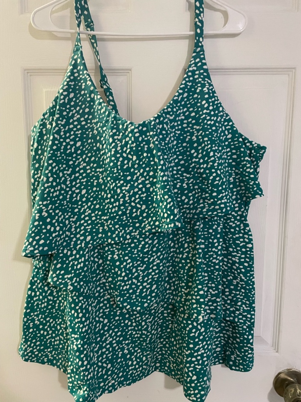 Cacique Teal and White Printed Ruffle Bikini Top and swim skirt